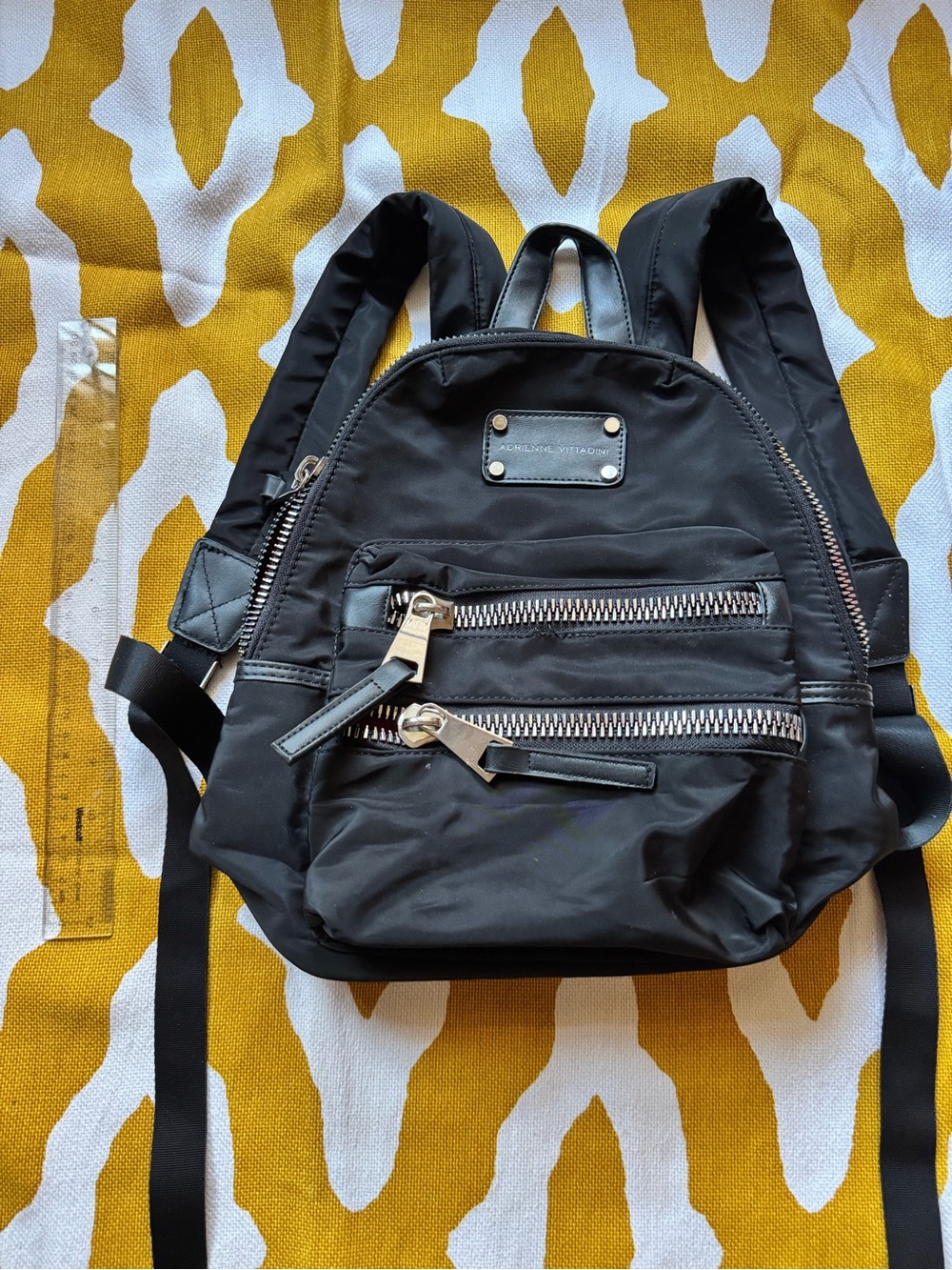 Adrienne Vittadini Black Nylon Mini Backpack with Silver Hardware